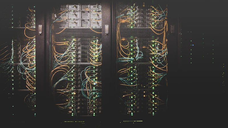 Infraestrutura de rede com cabeamento organizado em azul